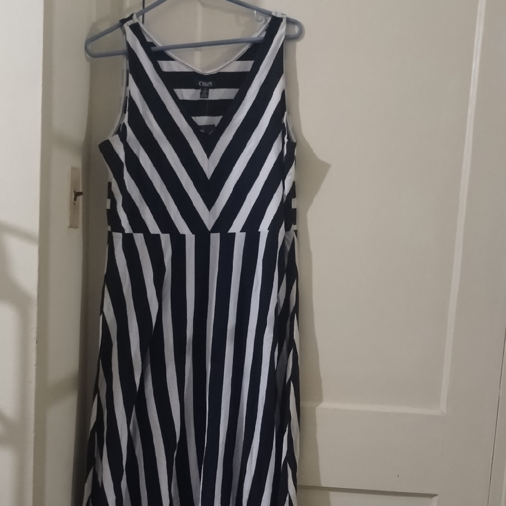 Chaps Blue and White V-Neck Striped Sleeveless Dress
